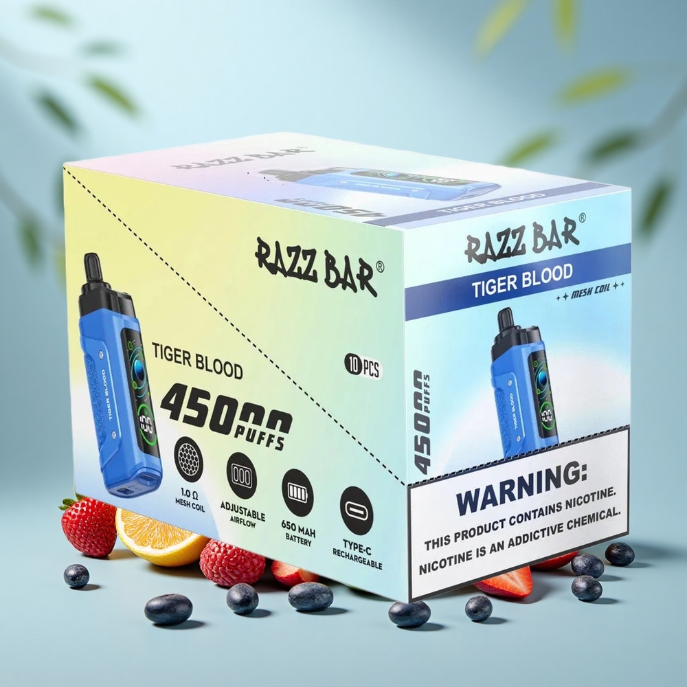 Razz Bar 45000 Puffs Vienreizējās Lietošanas Vape Tīģera Asinis 1.0 Ohm Mesh Coil Adjustable Airflow 650mAh
