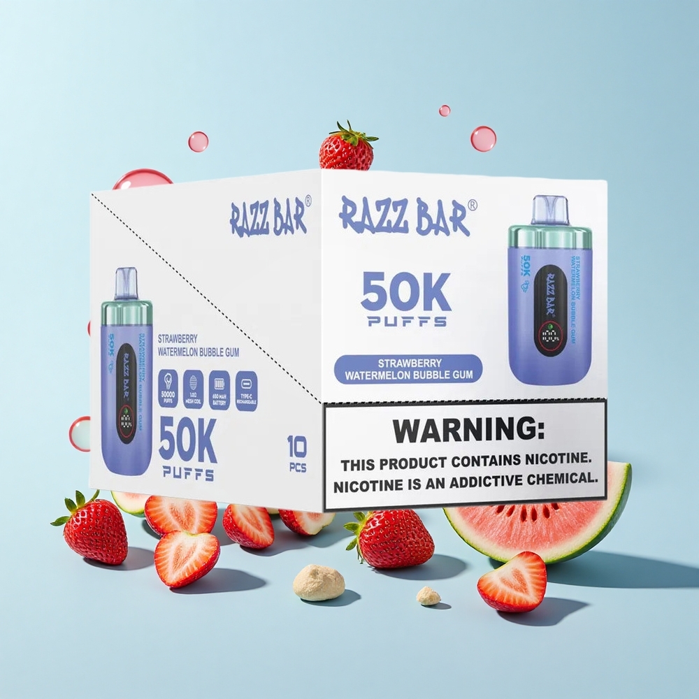Razz Bar 50K Iekšā 50000 Iekšvielas Zemeņu Arbūzs Burbuļu Gumija 1.0 Ohm 650 mAh Type-C 2% Nikotīns