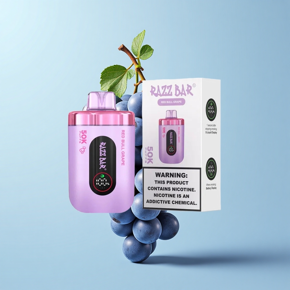 Razz Bar 50K Pūšas Vienreizējās Lietošanas Vape Sarkanā Govs Vīnoga 1.0 Ohm 650mAh Type-C 2% Nikotīns