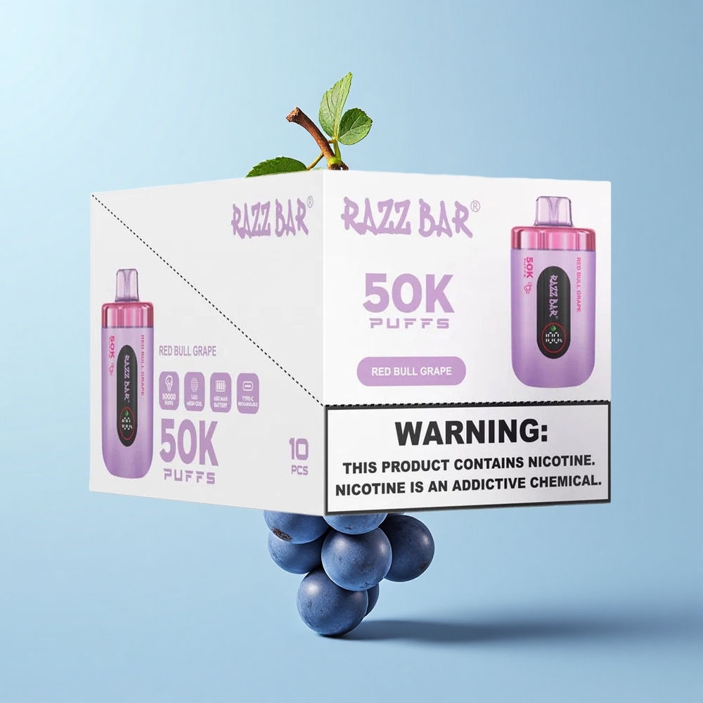 Razz Bar 50K Pūšas Vienreizējās Lietošanas Vape Sarkanā Govs Vīnoga 1.0 Ohm 650mAh Type-C 2% Nikotīns