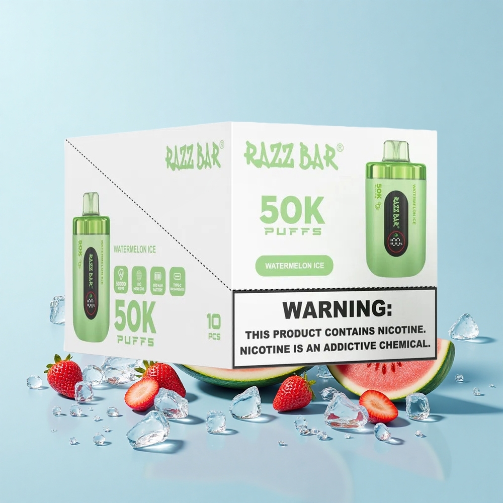 Razz Bar 50K Pūšu Vienreizējās Lietošanas Vape Arbūzs Ledus 1.0Ω 650mAh Type-C 2%