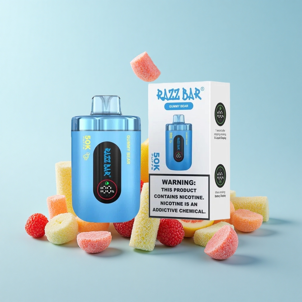 Razz Bar 50K Puffs Vienreizējās Lietošanas Vape Gummy Bear 50000 Ieelpas 1.0 Ohm Tīkls 650 mAh 2% Nikotīns
