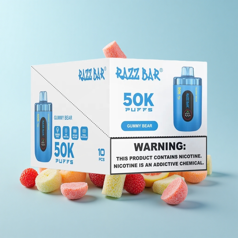 Razz Bar 50K Puffs Vienreizējās Lietošanas Vape Gummy Bear 50000 Ieelpas 1.0 Ohm Tīkls 650 mAh 2% Nikotīns