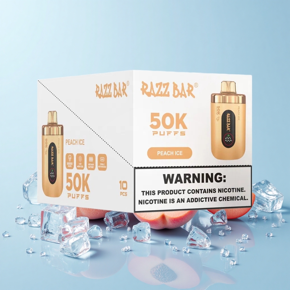 Razz Bar 50K Puffs Vienreizējās Lietošanas Vape Persiku Ledus 50000 Iekšpuses 1.0 Ohm Tīkls 650 mAh Type-C 2% Nikotīns