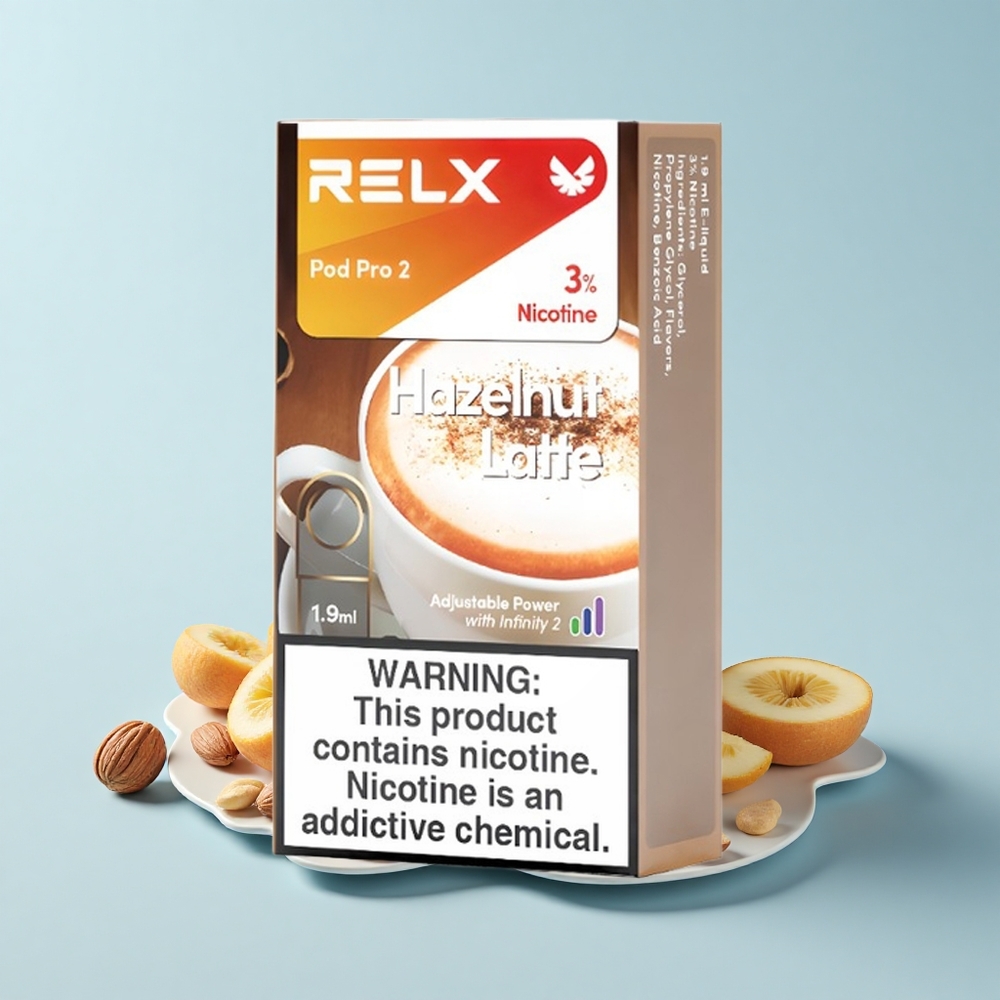 Relx Pod Pro 2 600 Pūši Hazelnut Latte 3% Nikotīna 1.9mL 3 Režīmi