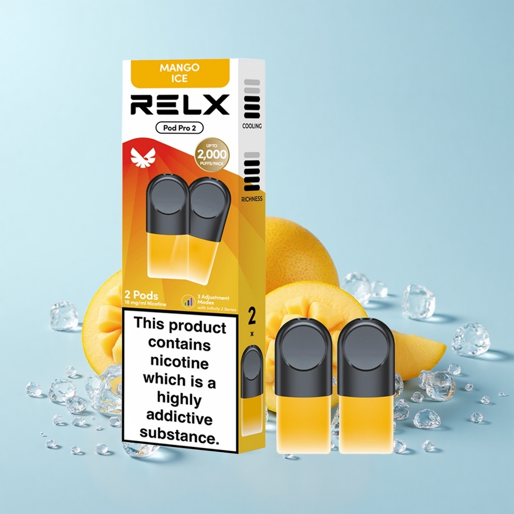 Relx Pod Pro 2 600 Pūti Mango Ledus 1,8% Nikotīns 1,9mL 3 Režīmi