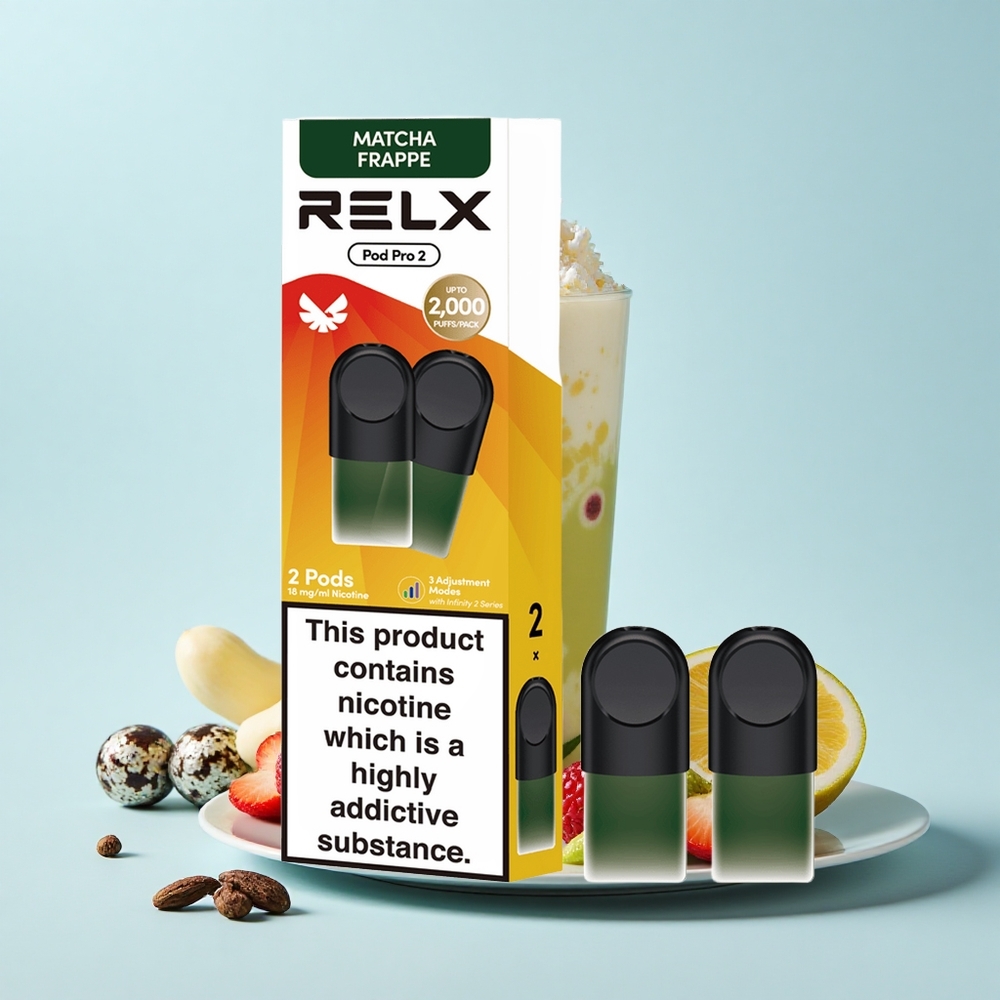 Relx Pod Pro 2 600 Pūti Tēja-Matča Frappe Tēja 1,9mL 1,8% Nikotīns 3 Režīmi (Eco, Smooth, Boost) 2/3 Podi